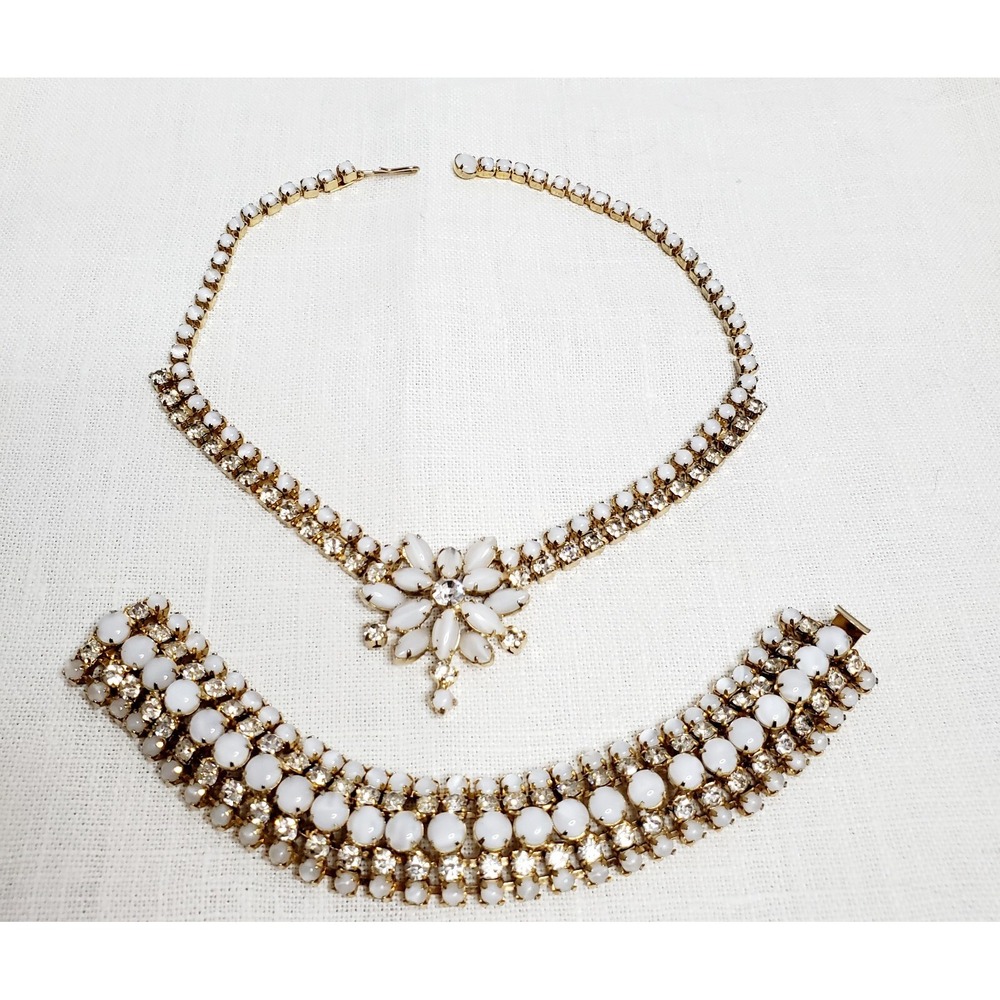 Joseph Warner Signed Necklace Bracelet Set Moonstone sparkly Rhinestones vintage